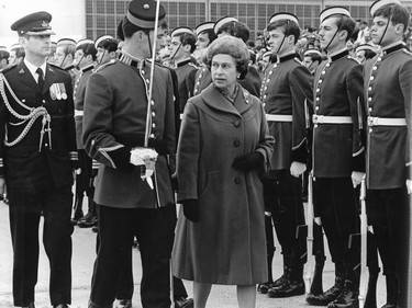 Queen Elizabeth inspects the guard of honour from the Royal Military College Saint-Jean in October 1977. MONTREAL GAZETTE