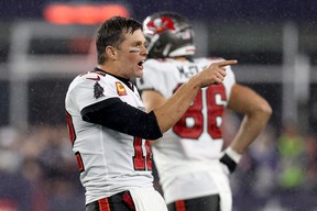 Tom Brady of the Tampa Bay Buccaneers celebrates after defeating the New England Patriots.