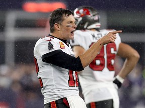 Tom Brady of the Tampa Bay Buccaneers celebrates after defeating the New England Patriots.