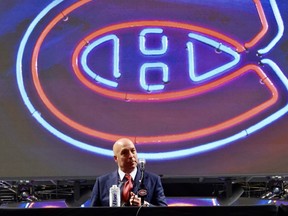 Kent Hughes speaks at press conference introducing him as the new general manager of the Montreal Canadiens, at the Bell Centre in Montreal Wednesday Jan. 19, 2022.