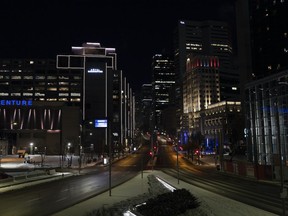 An empty street during a curfew in Montreal on Tuesday, Jan. 4, 2022. Quebec, the COVID hot zone of Canada once again, is resorting to a curfew and adding another round of restrictions to stem fast rising hospitalizations.