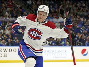Montreal Canadiens' Lukas Vejdemo celebrates his goal against the Tampa Bay Lightning on Dec. 28, 2021, in Tampa.