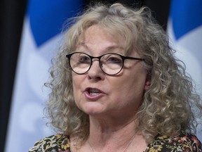Quebec Minister Responsible for Seniors and Informal Caregivers Marguerite Blais responds to reporters' questions during a news conference on the COVID-19 pandemic, Tuesday, May 5, 2020 at the legislature in Quebec City.