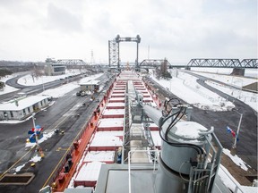 A ship rests at the St. Lambert lock on the St. Lawrence Seaway system in Montreal.