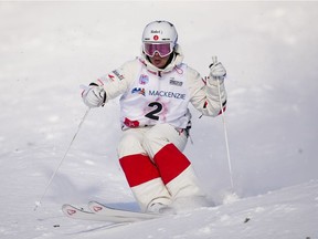 Quebecer Mikael Kingsbury skis during the finals at the men's Freestyle Ski World Cup moguls at Mont-Tremblanton on Friday, Jan. 7, 2022. Kingsbury's win was his 69th in the World Cup.