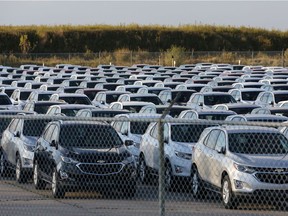 Chevrolet Equinox SUVs are parked next to the General Motors Co (GM) CAMI assembly plant in Ingersoll, Ont., on Oct. 13, 2017.