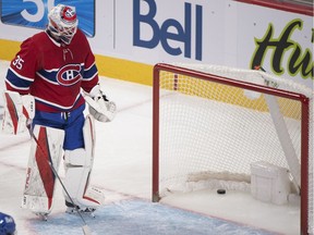 Canadiens goaltender Sam Montembeault was pulled in the first period after allowing three goals on seven shots in Sunday night’s 6-3 loss to the Columbus Blue Jackets.