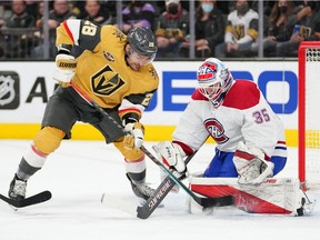 Canadiens goaltender Sam Montembeault makes a save against Golden Knights' William Carrier during the second period at T-Mobile Arena in Las Vegas Thursday night.