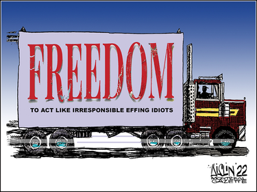 Editorial cartoon of a truck with "Freedom to act like irresponsible effing idiots" painted on the side