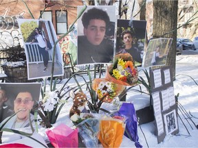 A makeshift memorial for Amir Benayad and other victims of shootings was set up following a vigil and demonstration against gun violence in Montreal on Jan. 16, 2022.