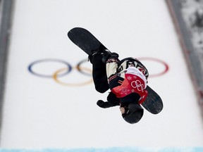 Bromont's Max Parrot jumps during the men's big air snowboard competition at the 2018 Winter Olympics in Pyeongchang, South Korea, on Feb. 24, 2018.