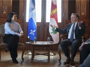 François Legault, right, and Montreal Mayor Valérie Plante meet in Montreal on Monday, Nov. 22, 2021.