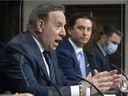 Prime Minister François Legault and Simon Jolin-Barrette, Minister responsible for the French language, give a press conference after the tabling of Bill 96 on May 13, 2021 at the National Assembly in Quebec.