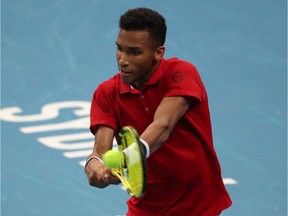 Montreal's Félix Auger-Aliassime in action during his win against Germany's Alexander Zverev at the ATP Cup in Sydney, Australia, on Jan. 6, 2022