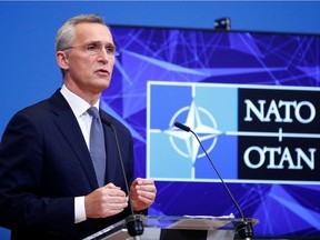 NATO Secretary General Jens Stoltenberg speaks during a press conference at Alliance headquarters in Brussels, Belgium, January 12, 2022.