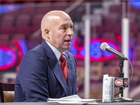 Kent Hughes answers a question during a news conference introducing him as the Montreal Canadiens new general manager at the Bell Centre in Montreal on Jan. 19, 2022.