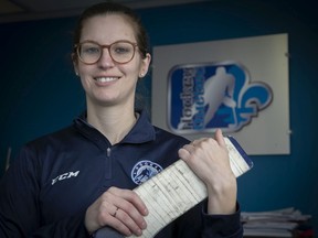 "After (the appointment) was announced, yes, for sure, I felt special. But after that, I feel like I'm one of the gang," says Katerine Aubry-Hébert, the first female to work for the QMJHL's Central Scouting Bureau, at the Hockey-Québec office on Wednesday, Feb. 2, 2022.