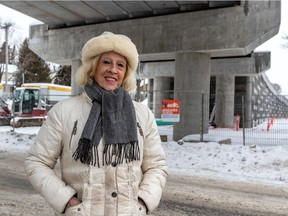 “Normally when you build a new project, it should increase the use of public transit and serve the needs of commuters. In this case, the REM de l’Est does neither of those things,” says urban-planning and transit expert Florence Junca-Adenot, seen at one of the REM support columns in Deux-Montagnes on Friday February 4, 2022.