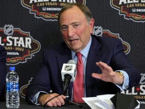 NHL commissioner Gary Bettman speaks to the media before start of the 2022 NHL all-star weekend at T-Mobile Arena on Friday, Feb. 4, 2022, in Las Vegas.