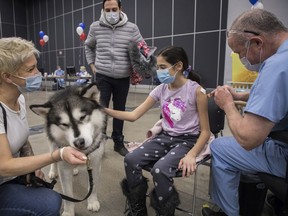 Ella Biasini pets a therapy dog named Zodiak while getting a COVID-19 vaccine at the Palais des congrès on Feb. 5, 2022.