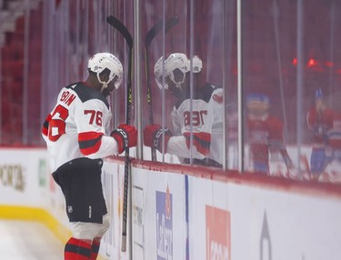 New Jersey Devils' P.K. Subban heads to the penalty box during second period in Montreal Tuesday, Feb. 8, 2022.