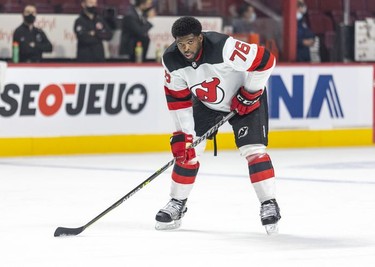 P.K. Subban of the New Jersey Devils waits for a puck during warmup prior to game against the Canadiens in Montreal on Tuesday, Feb. 8, 2022.