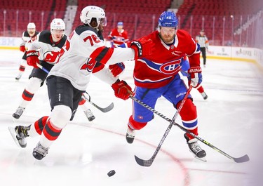 New Jersey Devils' P.K. Subban shoves Montreal Canadiens' Joel Armia during third period in Montreal Tuesday, Feb. 8, 2022.