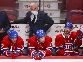 Canadiens head coach Dominique Ducharme watches the last minute of 7-1 loss to the New Jersey Devils Tuesday night at the Bell Centre.