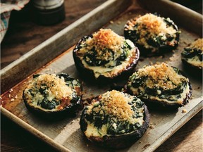 Lynn Crawford and Lora Kirk fill their portobello mushroom steaks with a mixture including goat cheese and spinach.
