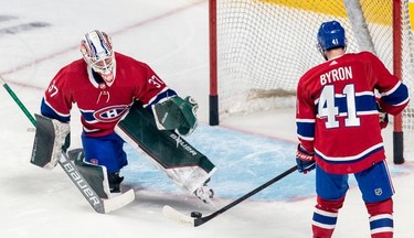 Montreal Canadiens goaltender Andrew Hammond (37) during the warmup prior to Habs' game against the St. Louis Blues in Montreal on Thursday, Feb. 17, 2022.