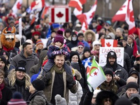 A crowd of a few thousand people gathered to support the freedom convoy movement in Montreal on Feb. 12, 2022.