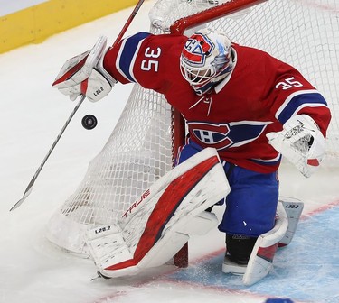 Montreal Canadiens goaltender Sam Montembeault stops shot during second period NHL action in Montreal on Wednesday, Feb. 23, 2022.