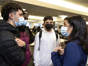 Quebec Liberal Leader Dominique Anglade speaks with students at Dawson College in Montreal, on Feb. 24, 2022.