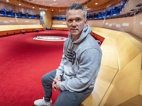 Montreal Canadiens interim head coach Martin St. Louis in his team's locker room at the Bell Centre on Feb. 24, 2022.