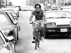 Robert Silverman — better known as Bicycle Bob — cycles in Montreal in 1976. Silverman died in 2022.