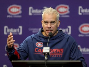 Montreal Canadiens head coach Dominique Ducharme answers questions during a news conference at the Bell Sports Complex in Brossard on Oct. 7, 2021.