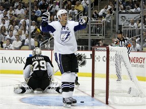 Lightning's Vincent Lecavalier celebrates after scoring against the Penguins in Game 5 of the Eastern Conference quarter-finals in 2011.