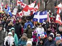 A crowd of a few thousand people gathers to support the trucker convoy in Montreal on Feb. 12, 2022. 