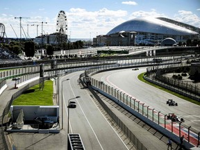 (FILES) This file photograph taken on September 24, 2021l shows drivers as they steer their cars during the second practice session for the Formula One Russian Grand Prix at the Sochi Autodrom circuit in Sochi. - The Russian Grand Prix scheduled for September 25, has been cancelled in the wake of Russia's invasion of Ukraine, the sport's owners Formula One announced on February 25, 2022, F1 were reacting to Russian President Vladimir Putin defying Western warnings to unleash a full-scale invasion on Thursday that quickly claimed dozens of lives and displaced at least 100,000 people.