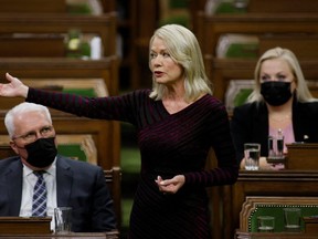 Conservative interim leader Candice Bergen speaks about the trucker protest during an emergency debate in the House of Commons on Parliament Hill in Ottawa, Feb. 7, 2022.