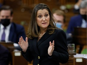 Deputy Prime Minister and Minister of Finance Chrystia Freeland speaks during question period in the House of Commons in Ottawa on Jan. 31, 2022.
