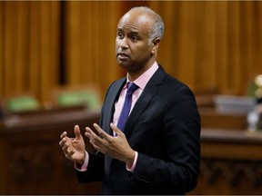 Ahmed Hussen, the minister of housing, diversity and inclusion, speaks during question period in the House of Commons in Ottawa on Feb. 1, 2022.
