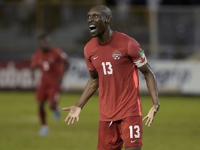 Canada's Atiba Hutchinson celebrates scoring his side's opening goal against El Salvador during a qualifying soccer match for the World Cup at Cuscatlan Stadium in San Salvador, El Salvador, on Wednesday, Feb. 2, 2022.