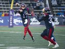 Montreal Alouettes quarterback Trevor Harris throws a pass to Christophe Normand during the second half against the Winnipeg Blue Bombers on November 13, 2021 in Montreal.