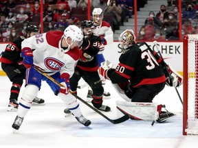 Canadiens' Artturi Lehkonen (62) scores on Ottawa Senators goaltender Matt Murray during first period NHL hockey action in Ottawa on Saturday, Feb. 26, 2022.