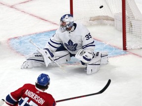Montreal Canadiens' right wing Josh Anderson (17) scores a goal against Toronto Maple Leafs goaltender Petr Mrazek (35) during the second period at Bell Centre.