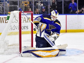 Blues goaltender Ville Husso is enjoying a breakthrough season with an 11-3-1 record, a 1.81 GAA and a .939 save percentage.
