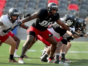 Avery Ellis leads the way during drill at Ottawa Redblacks' training camp in Ottawa on July 15, 2021.