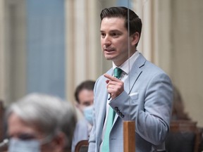 Quebec Justice Minister Simon Jolin-Barrette speaks during question period Thursday, October 7, 2021 at the legislature in Quebec City.