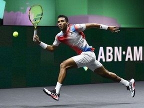 Montrealer Felix Auger-Aliassime in action during his semifinal match against Russia's Andrey Rublev at the ATP 500 Rotterdam Open in Rotterdam, Netherlands, on Saturday, Feb. 12, 2022.